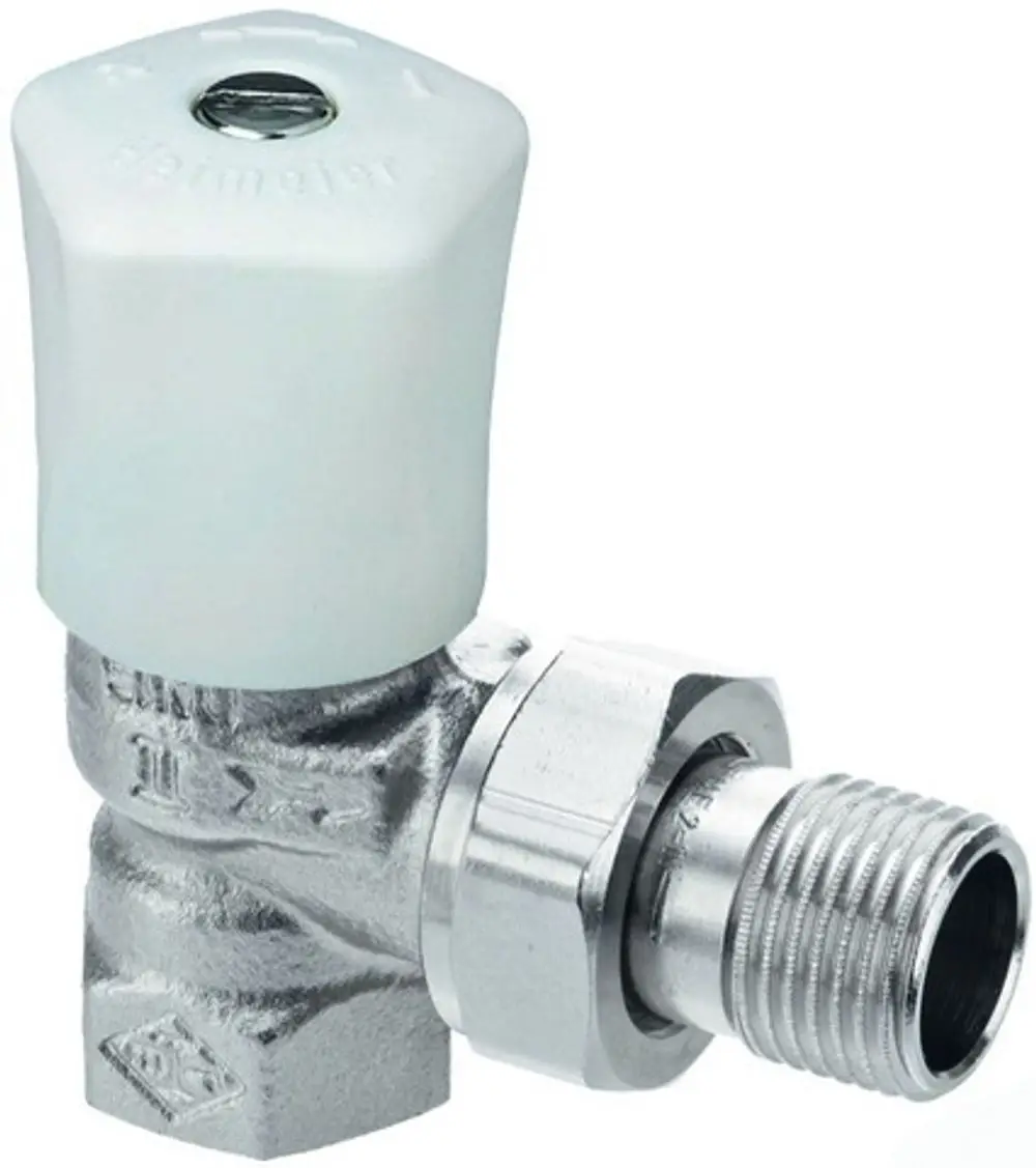 Regulierventil in Eckform, hergestellt von IMI Hydronic Engineering. Externe Gewindeanschlüsse und eine weiße Griffkappe sind sichtbar.